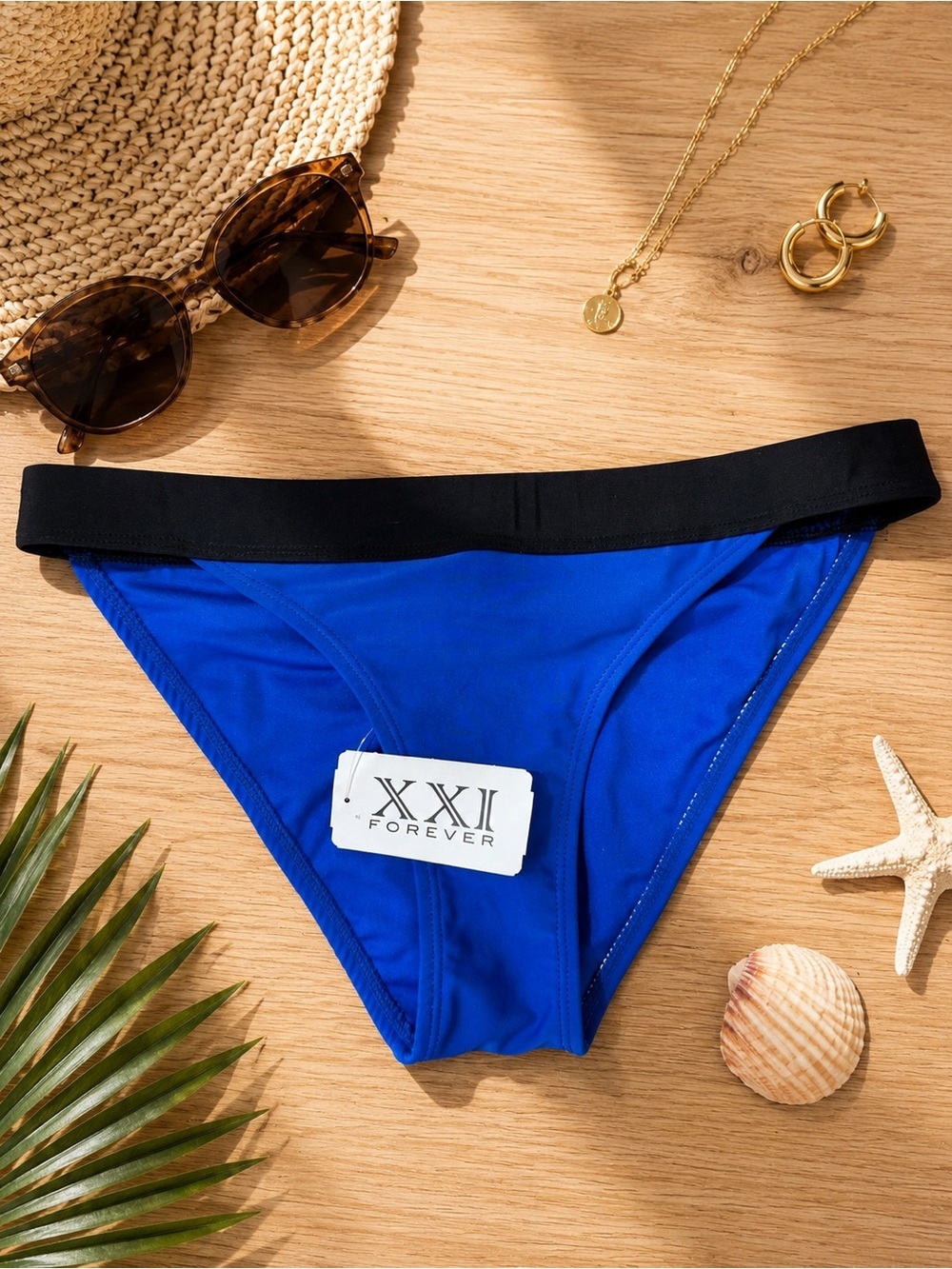 NWT Forever 21 Royal Blue Sporty Bikini Bottom Black Waistband S/M